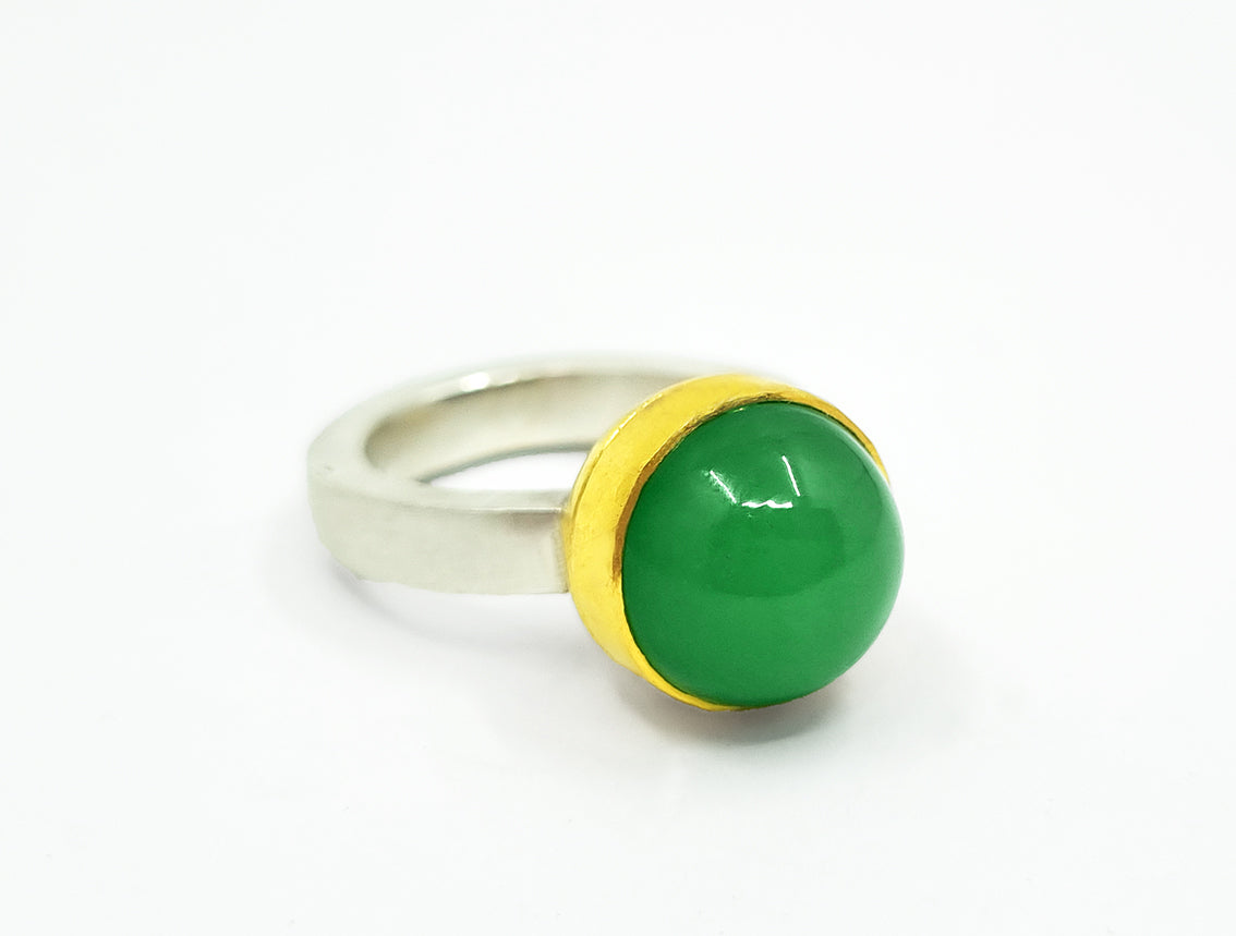 Chrysopras Ring in Silber mit 900er Goldfassung