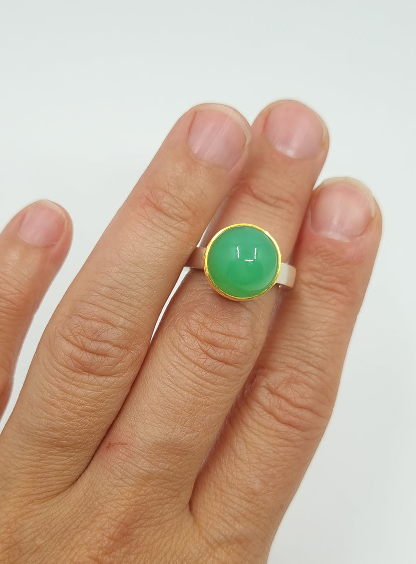 Chrysopras Ring in Silber mit 900er Goldfassung